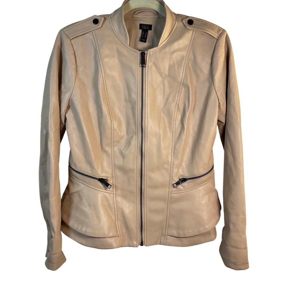 G.I.L.I. Faux Leather Moto Jacket Beige Tan Zip Front Pockets‎ Women's Size 6